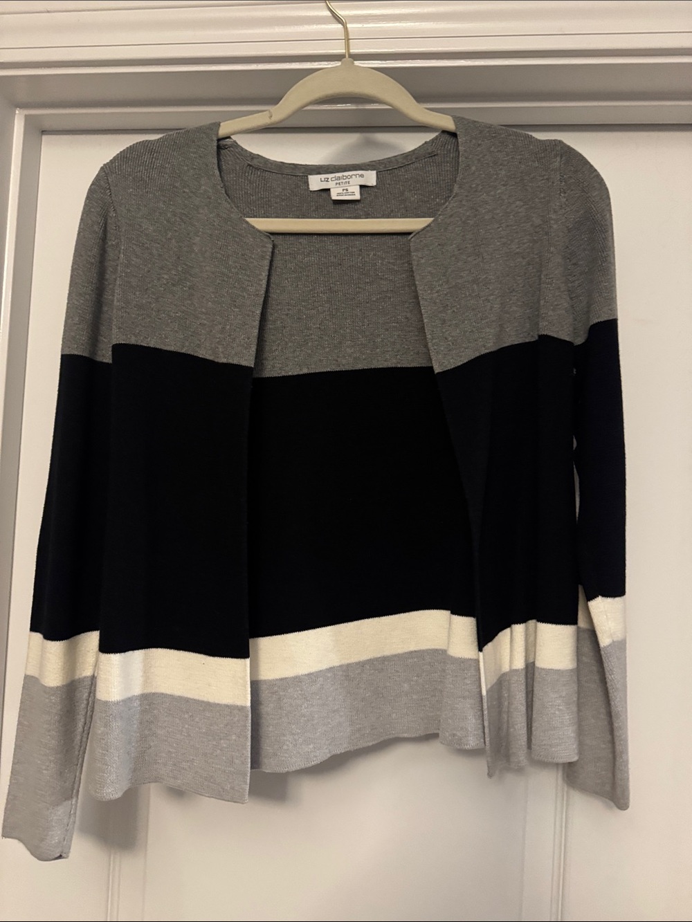 Liz Claiborne Gray Black Cream Open-Front Striped Cardigan